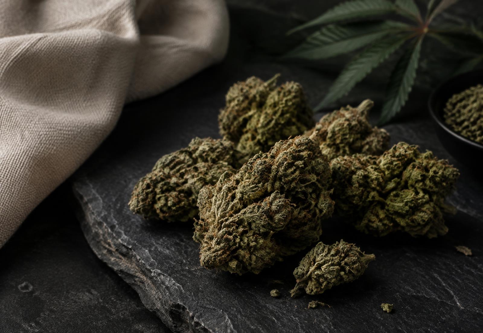 Dried hemp flower buds arranged on a dark slate surface